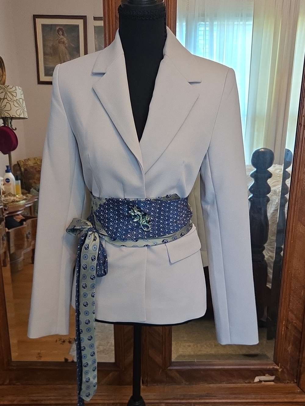 Blue And Light Green Womens Belt Created From Upcycled Mens Ties With Brooch